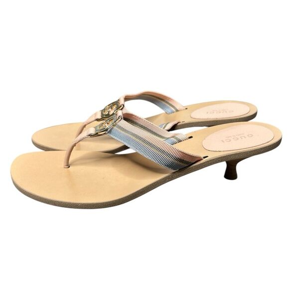 GUCCI GG Kitten Heel Beige Sandals Web Canvas Pink Blue Striped Thong Size 9.5 - Picture 3 of 9